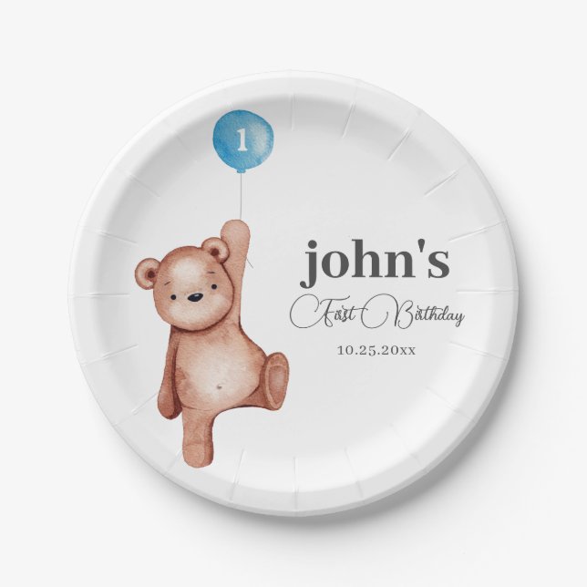 Teddy Bear Boy First Birthday Party Paper Plate (Front)