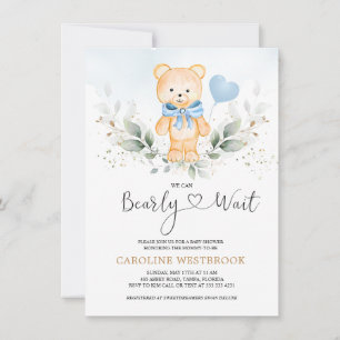 Teddy Bear Boy, Greenery Foliage Baby Shower Invitation
