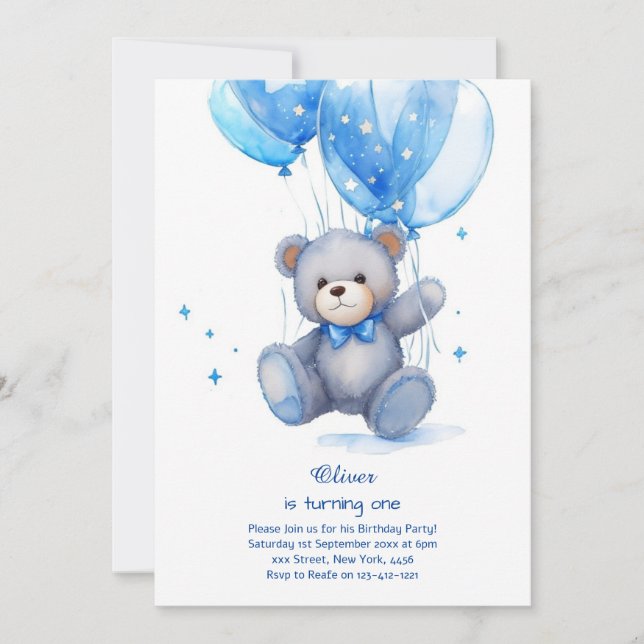 Teddy Bear Boy Invitation pour le premier annivers (Devant)