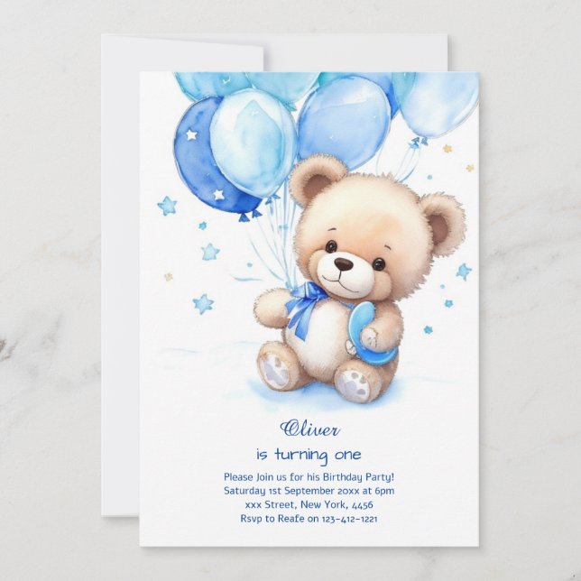Teddy Bear Boy Invitation pour le premier annivers (Devant)