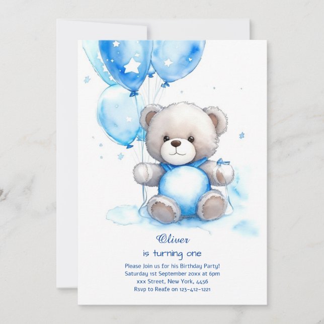 Teddy Bear Boy Invitation pour le premier annivers (Devant)