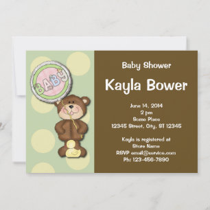 Teddy Bear Boy or Girl Brown Green Baby Shower Invitation
