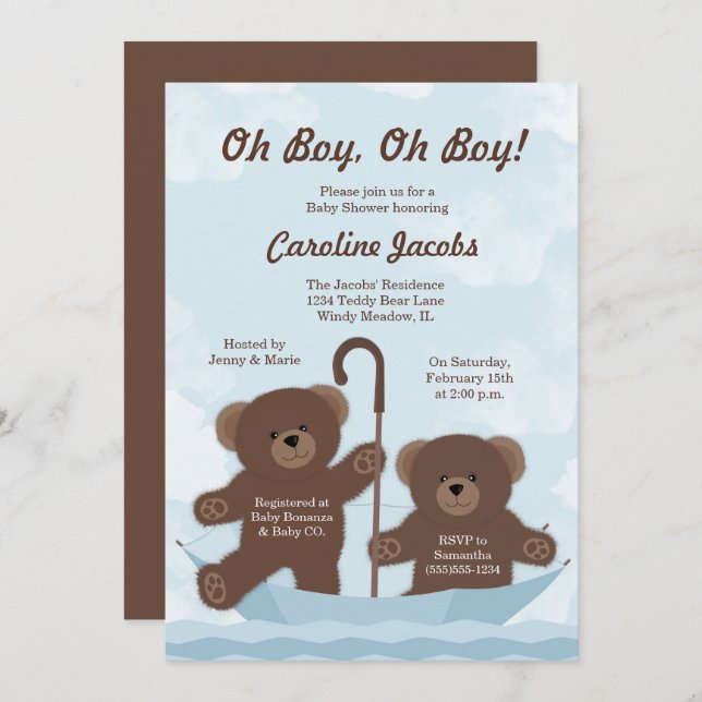 Teddy Bear Boy Twins Baby Shower Invitation (Front/Back)