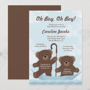 Teddy Bear Boy Twins Baby Shower Invitation