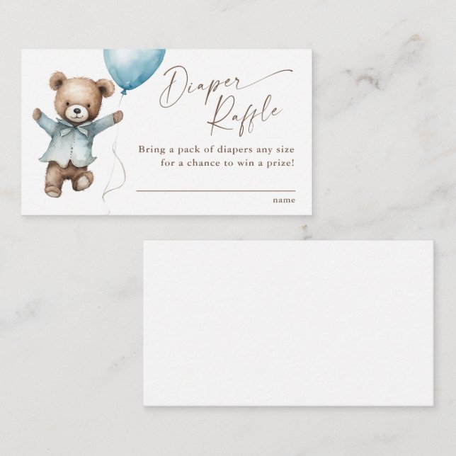 Teddy Bear Boys Baby Shower Diaper Raffle Enclosure Card (Front/Back)