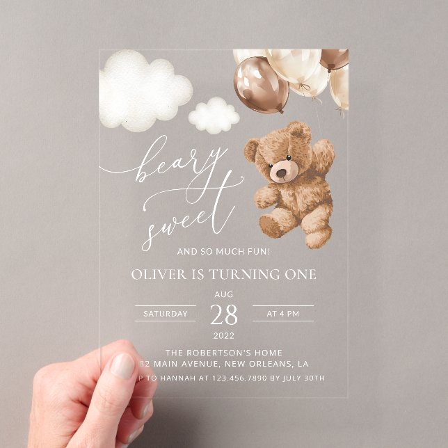 Teddy Bear, Brown Balloons, First Birthday Acrylic Invitations (Insitu (Handheld))