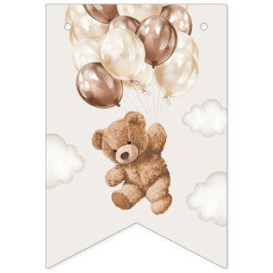 Teddy Bear, Brown Balloons, First Birthday Bunting Flags