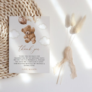 Teddy Bear, Brown Balloons, First Birthday Thank You Card