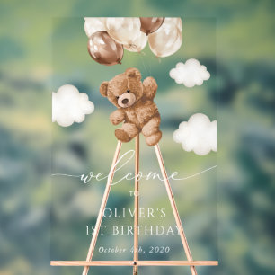 Teddy Bear, Brown Balloons, First Birthday Welcome Acrylic Sign