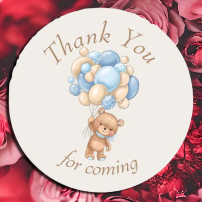 Teddy Bear Brown Balloons Thank You  Classic Round Sticker (elegant, rustic,  boy, girl,  gender neutral ,  cute,  baby shower teddy beary cute,   )