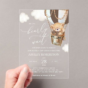 Teddy Bear, Brown Hot Air Balloon, Baby Shower Acrylic Invitations