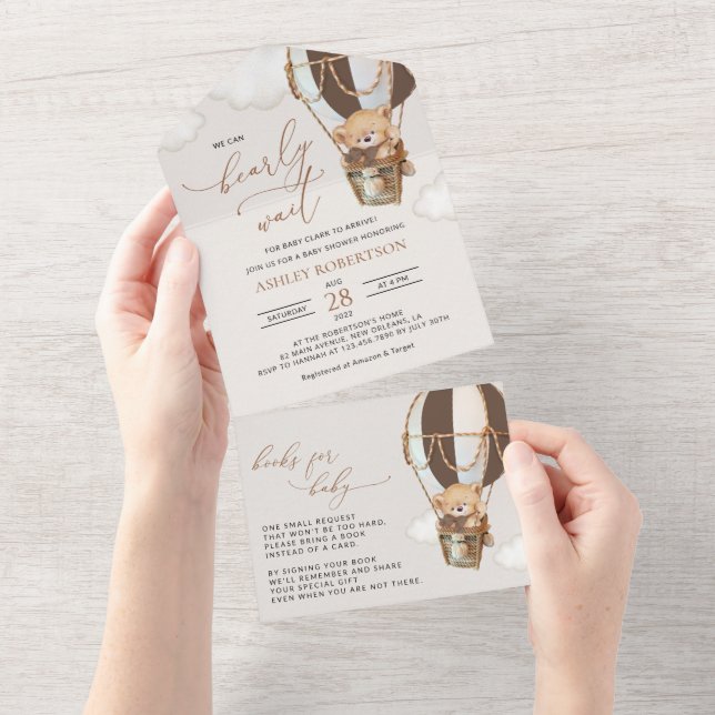 Teddy Bear, Brown Hot Air Balloon, Baby Shower All In One Invitation (Tearaway)