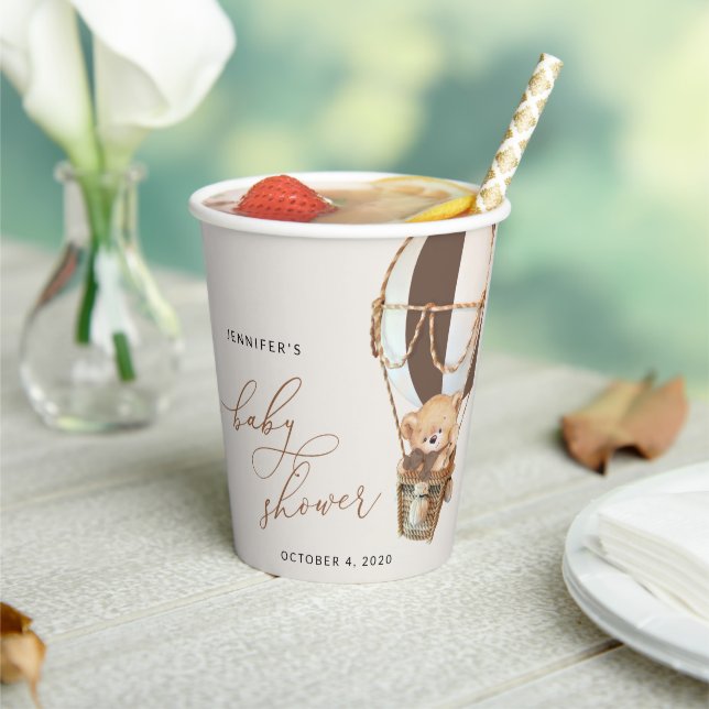 Teddy Bear, Brown Hot Air Balloon, Baby Shower Paper Cups (Insitu)