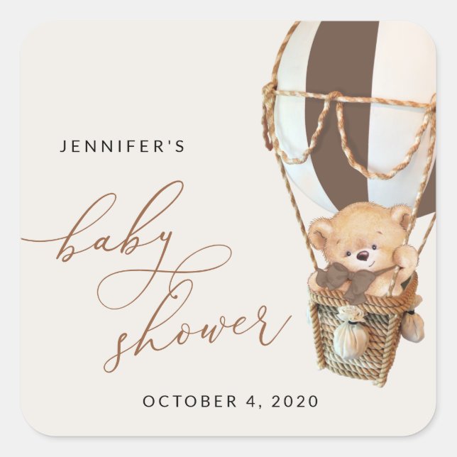 Teddy Bear, Brown Hot Air Balloon, Baby Shower Square Sticker (Front)