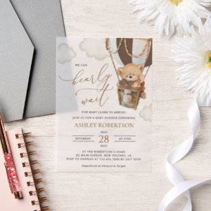 Teddy Bear, Brown Hot Air Balloon, Baby Shower Vellum Invitations