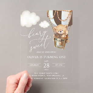 Teddy Bear, Brown Hot Air Balloon, First Birthday Acrylic Invitations