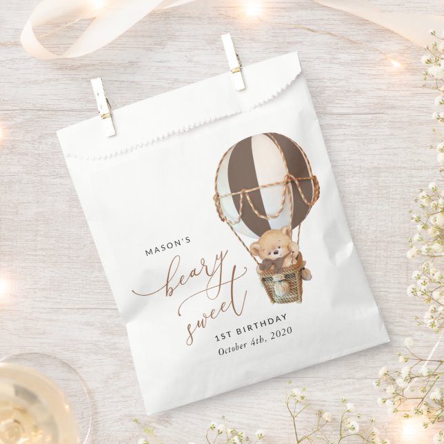 Teddy Bear, Brown Hot Air Balloon, First Birthday Favour Bag (Clipped)