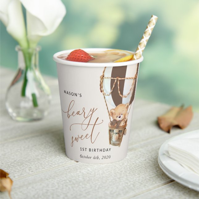 Teddy Bear, Brown Hot Air Balloon, First Birthday Paper Cups (Insitu)