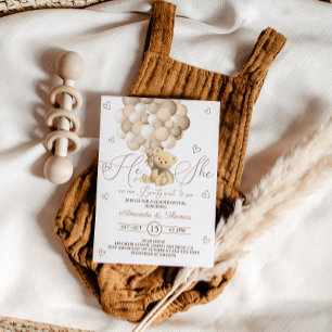 Teddy Bear Brown Neutral Balloons Gender Reveal Invitation