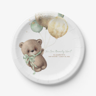 Teddy Bear Brown Sage Gold Boho Baby Shower Paper Plate