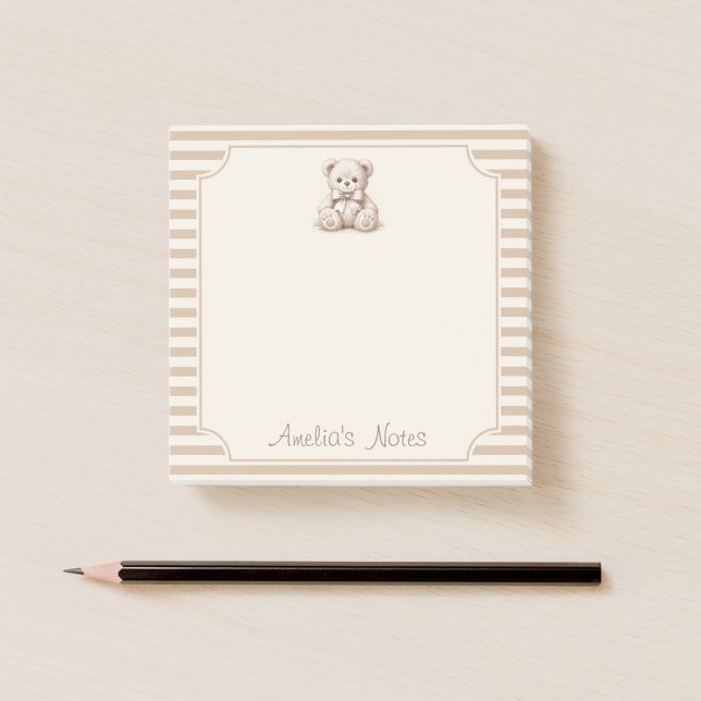 Teddy Bear Brown Stripes and  Kid Name Script Post-it Notes (Creator Uploaded)