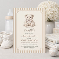 Teddy Bear & Brown Stripes Baby Shower Bearly Wait