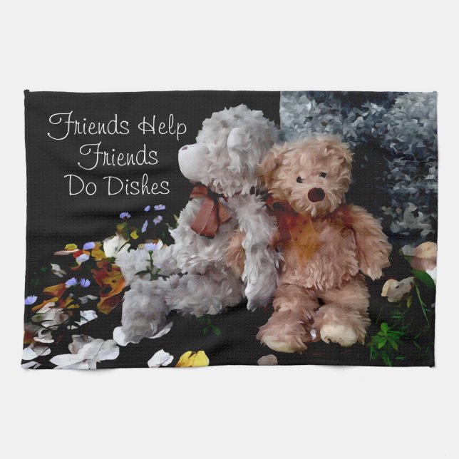 Teddy Bear Buddies- Friends help friends do dishes Kitchen Towel (Horizontal)