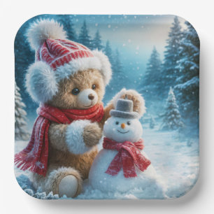 Teddy Bear Building a Snowman Paper Plate