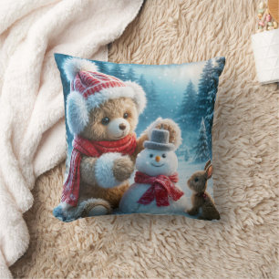 Teddy Bear Building a Snowman Throw Pillow