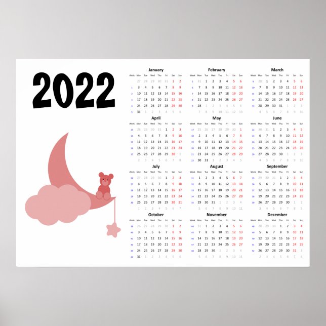 Teddy bear Calendrier 2022 Poster - Lundi début (Devant)