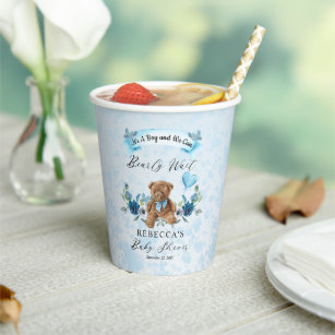 Teddy Bear Can Bearly Wait Blue Boy Baby Shower Paper Cups