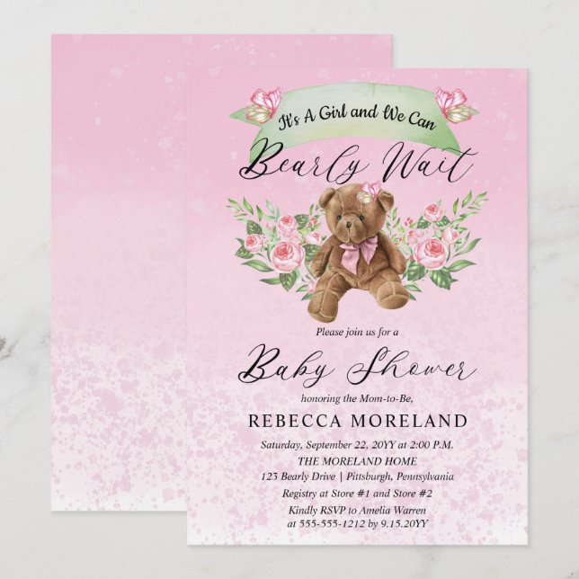 Teddy Bear Can Bearly Wait Pink Girl Baby Shower I Invitation (Front/Back)