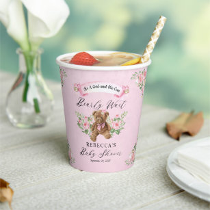 Teddy Bear Can Bearly Wait Pink Girl Baby Shower Paper Cups