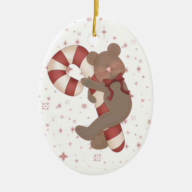 Teddy Bear Candy Cane Ceramic Ornament (Front)