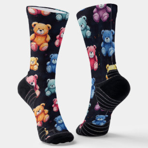 Teddy Bear Chalk Drawing Pattern Black Socks
