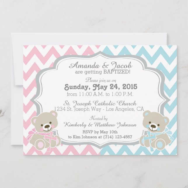 Teddy Bear Chevron Cross Twins Boy Girl Baptism Invitation (Back)