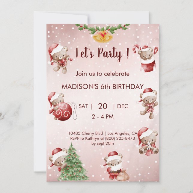Teddy bear christmas birthday invitation (Front)