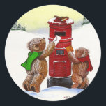 Teddy Bear Christmas Card Classic Round Sticker<br><div class="desc">These  2 cuties are posting there cards to farther christmas.</div>