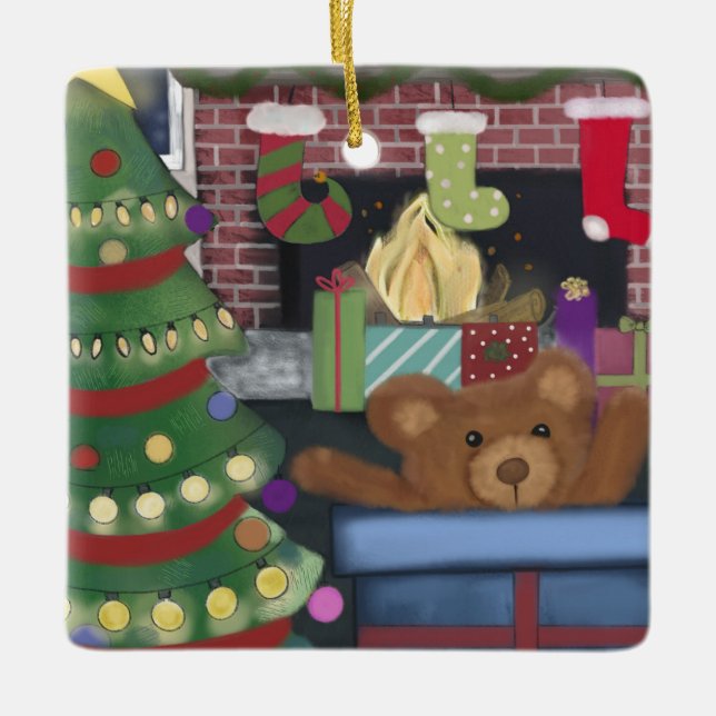 Teddy Bear Christmas Ceramic Ornament (Front)