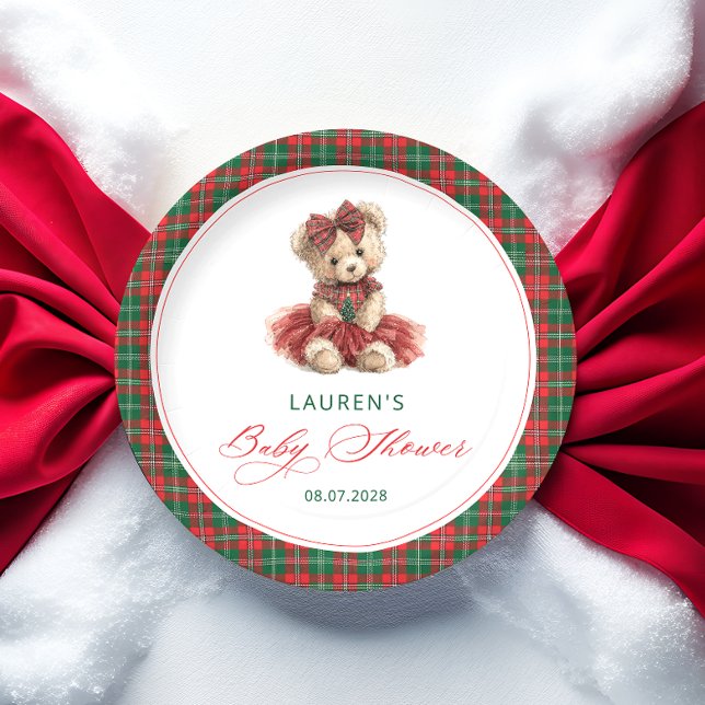 Teddy Bear Christmas Girl Baby Shower  Paper Plate (Creator Uploaded)