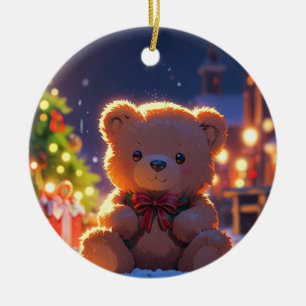 Teddy Bear Christmas Magic in Snowy Village Ceramic Ornament