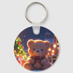 Teddy Bear Christmas Magic in Snowy Village Keychain
