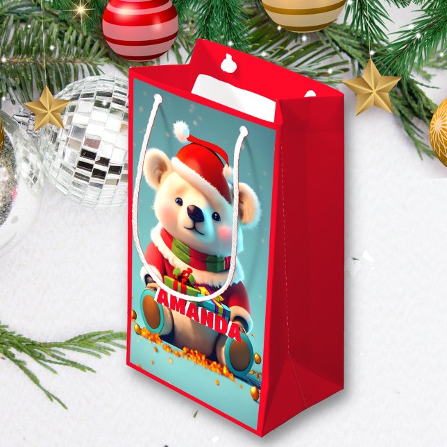 Teddy Bear Christmas Personalized Kids Red Small Gift Bag (Creator Uploaded)
