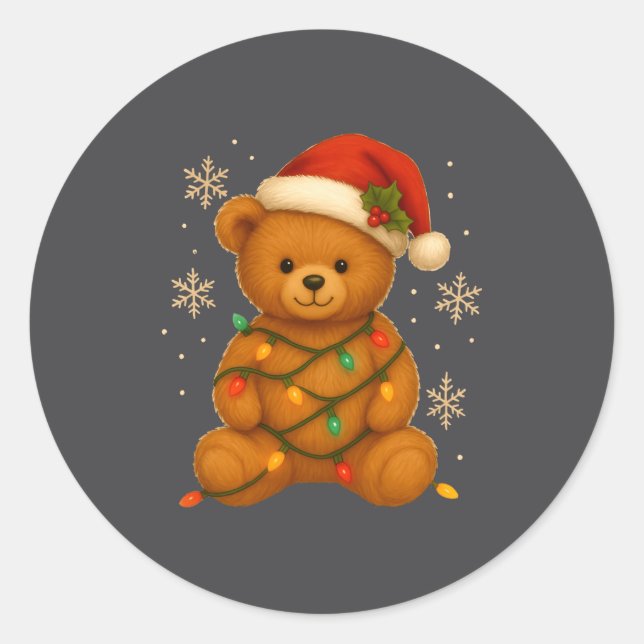 Teddy Bear Christmas Tree Lights Santa Hat For Bea Classic Round Sticker (Front)