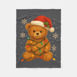 Teddy Bear Christmas Tree Lights Santa Hat For Bea Fleece Blanket