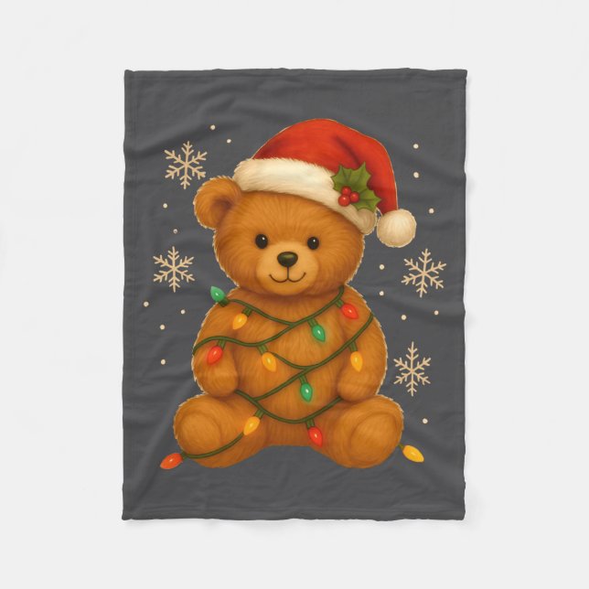 Teddy Bear Christmas Tree Lights Santa Hat For Bea Fleece Blanket (Front)