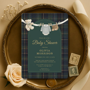 Teddy Bear Clothesline Tartan Green Baby Shower Invitation