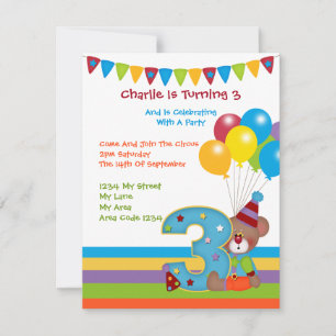 Teddy Bear ClownThird Birthday Party Invitation