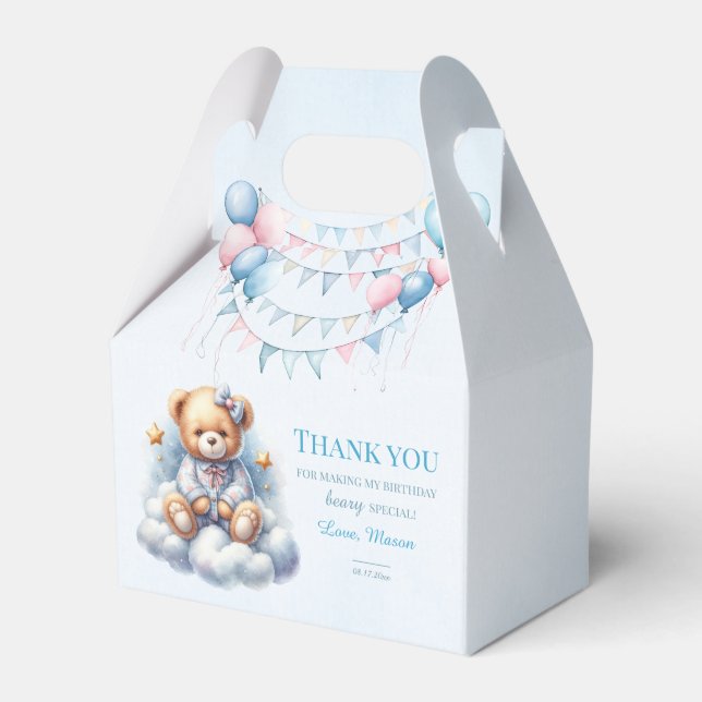 Teddy Bear Colourful Balloon Beary First Birthday Favor Box (Front Side)