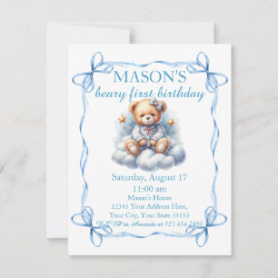 Teddy Bear Colourful Balloon Beary First Birthday  Invitation